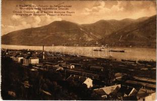 1911 Orsova, Magyar Királyi Folyam- és Tengerhajózási Részvénytársaság hajóműhelye, gyár, gőzhajó / general view on the Zemun-Orsova ship line, ship factory (képeslapfüzetből / from postcard booklet) (fl)