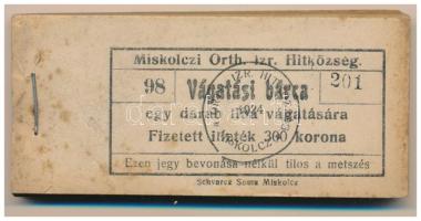 1924. Miskolc 300K "Miskolczi Orth. Izraelita Anyahitközség" vágatási jegy / értékjegy 1db liba vágatására (99x), közel teljes tömb "98 201 - 98 299" között T:AU, folt, javarészén pici szakadás