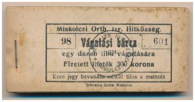 1924. Miskolc 300K "Miskolczi Orth. Izraelita Anyahitközség" vágatási jegy / értékjegy 1db liba vágatására (100x), teljes tömb "98 601 - 98 700" között T:AU,XF, folt, javarészén pici szakadás