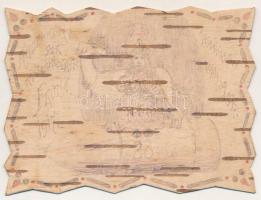 1917 Andenken von der Rumänischen Front, Weltkrieg 1914-1917 / Emlék a román frontról, első világháborús tábori postai levelezőlap fakéregből, kézzel rajzolt hölgy és agár egy 28 cm-es töltényhüvelyen állnak / WWI K.u.k. Austro-Hungarian military field post wooden card made of tree bark, hand-drawn lady and greyhound dog standing on a 28 cm cartridge case