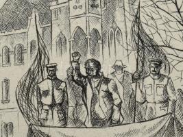 Olvashatatlan jelzéssel: Toborzógyűlés a Kiskunságban, 1919-ben. Rézkarc, papír, jelzett, 29x39,5 cm