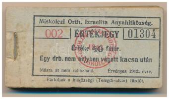 1942. Miskolc 40f "Miskolczi Orth. Izraelita Anyahitközség" vágatási jegy / értékjegy 1db nem helyben vágott kacsa után (97x), közel teljes tömb "002 01304 - 002 1400" között T:AU,XF, folt
