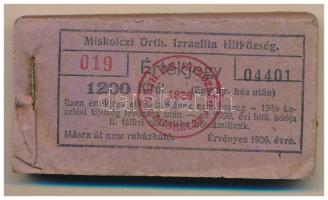 1926. Miskolc 1200K "Miskolczi Orth. Izraelita Anyahitközség" vágatási jegy / értékjegy 1kg hús után (100x), teljes tömb "019 04401 - 019 04500" között T:AU, sarokhajlás, az első darabon szennyeződés és pici szakadás, az F