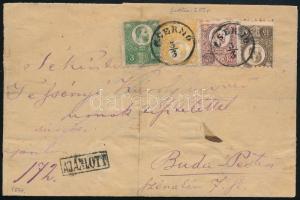 1874 Réznyomat 2kr, 3kr, 5kr és 15kr ajánlott levélen. Az egyetlen létező 4 színű levél, egy másik 4...