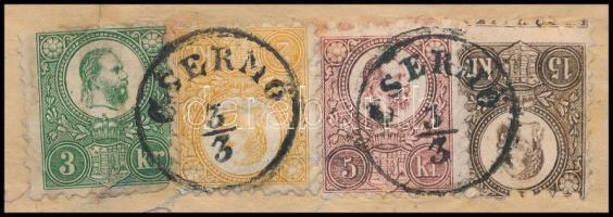 1874 Réznyomat 2kr, 3kr, 5kr és 15kr ajánlott levélen. Az egyetlen létező 4 színű levél, egy másik 4...