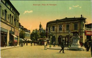 Bucharest, Bukarest, Bucuresti, Bucuresci; Piata Sf. Gheorghe. Am. Horovitz / square, shops, statue, omnibus