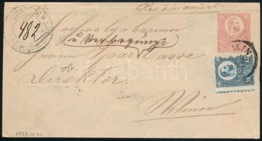 1873 Könyvnyomatos 5kr díjjegyes boríték Réznyomat 10kr elfogazott bélyeggel díjkiegészítve ajánlott küldeményként / Registered 5kr PS-cover with Mi 11 with shifted perforation  "(SE)MLIN" + "(PREPO)RUCENO / RECOMMANDIRT" - Wien