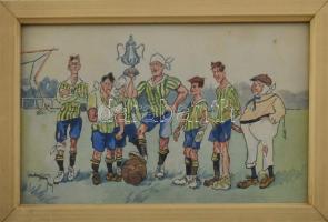 Olvashatatlan jelzéssel: A győztes csapat (futball karikatúra vagy illusztráció), 1929. Akvarell, tus, papír, jelzett, 13,5x21 cm