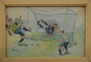 Olvashatatlan jelzéssel: Gól (futball karikatúra vagy illusztráció), 1929. Akvarell, tus, papír, jelzett, 13,5x21 cm