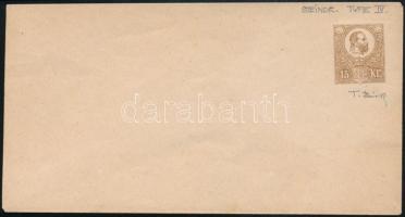 1871 Kőnyomatos használatlan 15kr díjjegyes boríték (IV. típus) / 15kr PS-cover, unused, type IV. Signed: Bánfalvy