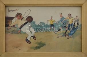 Olvashatatlan jelzéssel: A játékvezető (futball karikatúra vagy illusztráció), 1929. Akvarell, tus, papír, jelzett, 13,5x21 cm