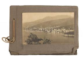 cca 1914 Adriai nyaralás képei, Abbázia, Velence, 42 fotó és fotólap. Haránt-alakú, fűzött papír fotóalbumban, kissé sérült albummal, 6x4 cm x 8x13 cm közötti méretben