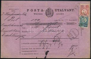 1874 Távirati postautalvány Réznyomat 5kr és 10kr bélyeggel / Money order with Mi 10-11
"BUDAP...