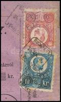 1874 Távirati postautalvány Réznyomat 5kr és 10kr bélyeggel / Money order with Mi 10-11
"BUDAP...