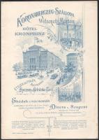 cca 1890 A temesvári (Erdély) Koronaherceg Szálloda (tulajdonos: Witzenetz Márton) étlapja,rendkívül dekoratív fametszetes előlappal, a hátlapon kézzel kitöltött menüvel, árakkal, egy perforált lap kivéve, szép állapotban, 6p