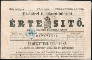 1862 Miskolczi Értesítő 52. száma 1kr Hírlapilleték bélyeggel, nagy szélekkel, luxus példány! / 1kr Newspaper duty stamp with large margins in luxury condition on Newspaper
