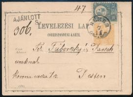 1872 Ajánlott 2kr díjjegyes levelezőlap Réznyomat 10kr díjkiegészítéssel / Registered 2kr PS-card with Mi 11 "BÉKÉS" - Pest Előélet / History: 2008 SZD-árverés 320.000 HUF