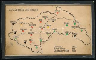 cca 1942-1944 Magyarország légó körzetei, a városok neveinél forgatható, váltható színekkel, 6 tű, amivel forgatni lehet hiányzik, kopott,10x17 cm