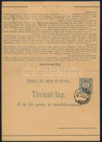 1890 Komplett táviratlap 35kr díjjeggyel és 2kr + 2 x 5kr díjkiegészítéssel / Telegram with 2kr + 2 ...