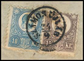 ca. 1872 Réznyomat 10kr + 15kr 3. súlyfokozatú ajánlott levélen / Mi 11-12 on 3rd weight class regis...