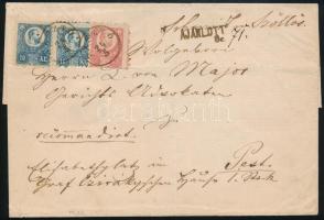 ca. 1872 Réznyomat 5kr + 2 x 10kr 3. súlyfokozatú ajánlott levélen / Mi 10 + 2 x 11 on 3rd weight cl...