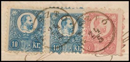 ca. 1872 Réznyomat 5kr + 2 x 10kr 3. súlyfokozatú ajánlott levélen / Mi 10 + 2 x 11 on 3rd weight cl...