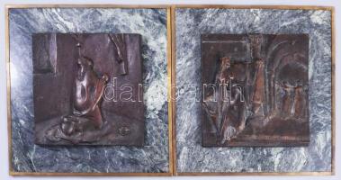 Marton László (1925-2008): Boldog Salome és Boldog Jolanta plakett pár. A művész által 1979-ben alkotott, A Vatikáni Magyar Kápolnában lévő mészkő domborművek bronz variánsai, melyeket barátjának készített ajándék gyanánt. 1979, 2 darab patinázott bronz dombormű, rézzel keretezett márványlapra applikálva, jelzett, 20x20 cm, kerettel 30,5x30,5 cm. Egyedi munkák, Marton László életművének kuriozitásai!!! Proveniencia: Az alkotós ajándékozta a beadónak. /// László Marton (1925-2008): Pair of Plaques - Blessed Salome and Blessed Jolanta. Bronze variants of the limestone reliefs created by the artist in 1979 for the Hungarian Chapel in the Vatican, made as a gift for a friend. 1979, two patinated bronze reliefs, mounted on marble slabs framed with copper, signed, 20×20 cm (30.5×30.5 cm with frame). Unique works, rarities within László Marton's oeuvre! Provenance: Gifted by the artist to the consignor.