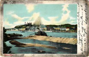 1911 Pozsony, Pressburg, Bratislava; látkép a várral, előtérben kotróhajó, uszoda / general view wit...