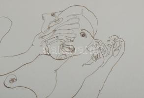 Lévai Ádám (1967-): Két nő ugyanazt álmodja, 2005. Tus, papír, jelzett, üvegezett fakeretben 42x28 c...