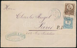1875 Réznyomat 15kr és Színesszámú 10kr vegyes bérmentesítés levél előlapon Párizsba küldve. Az előoldali P.D. bélyegzés bizonyítja az előoldali frankatúra hiánytalanságát! / Mi 12 + 18 mixed franking on cover front to Paris. "BUDAPEST / FŐPOSTA" + "P.D."