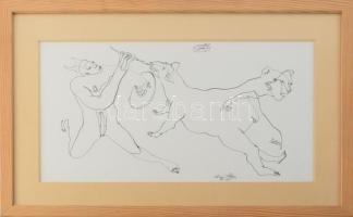 Lévai Ádám (1967-): Vonallal győző, 2009. Tus, papír, jelzett, üvegezett fakeretben. 21,5x41 cm