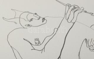 Lévai Ádám (1967-): Vonallal győző, 2009. Tus, papír, jelzett, üvegezett fakeretben. 21,5x41 cm