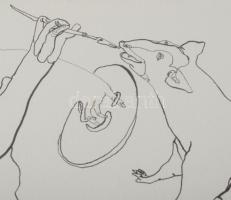 Lévai Ádám (1967-): Vonallal győző, 2009. Tus, papír, jelzett, üvegezett fakeretben. 21,5x41 cm