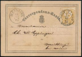 1873 1869-es 2kr díjjegyes levelezőlapon Réznyomat 2kr bérmentesítés (felülragasztva) / Mi 8 on 1869...