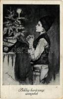 1941 Egyszál gyertya... Erdély Aranykora c. könyv előtt imádkozó fiú Karácsonykor. Erdélyi Bizottság kiadása / Hungarian irredenta propaganda art postcard, Christmas s: Feszty Masa (EB)