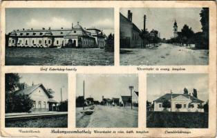 Bakonyszombathely, csendőrlaktanya, vasútállomás, Gróf Esterházy kastély, utcarészletek a Római Katolikus és Evangélikus templomokkal. Hangya Szövetkezet kiadása, Foto Payer (EB)