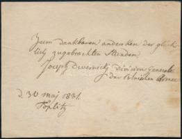 1831 Josef Dwernicki (1779-1857) lengyel lovas tábornok kétsoros saját kézzel írt és aláírt köszönete a szerencsésen eltöltött órák emlékére