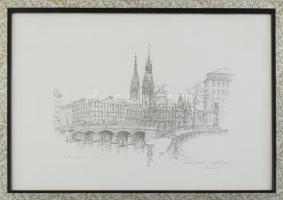 Kovács Péter (1943-2019): Reesendamm-Brücke, Hamburg. Nyomat, papír, jelzett. Üvegezett fakeretben. 31x45 cm