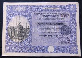 1925 Rimamurány-Salgótarjáni Vasmű Rt. részvény 500 P, elővételi jog gyakorlását igazoló pecséttel, szelvényekkel