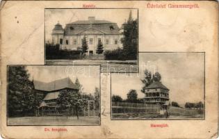 1907 Garamszeg, Garansek, Hronsek (Besztercebánya, Banská Bystrica); Soós-Géczy kastély, Evangélikus fatemplom, harangláb. Paulinyi Dániel kiadása / castle, Lutheran wooden church, belfry (fa)