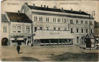 1908 Eperjes, Presov; Fekete Sas nagyszálló, Gellért-féle nyári kioszk, Frankl József üzlete. Fénynyomat Divald műintézetéből / hotel, terrace, shop of Frankl (Rb)