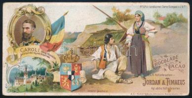 cca 1890 A Román Királyság, kétoldalas litográfia, I. Károly király, a címer és falusi jelenet képével, hátoldalon az ország térképével és néhány adattal, német nyelven, Chocolate Cacao reklámkártya, jó állapotban