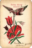 1908 Boldog Húsvéti Ünnepeket! Üdvözlőlap nemzeti színű szalaggal, turullal és tulipánnal / Hungarian Easter greeting art postcard (EM)