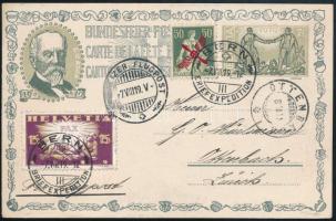 1919 Díjjegyes képeslap Pax és Repülő bélyeges kiegészítéssel, légipostával Zürichbe / Mi 145 on PS-card, airmail to Zürich