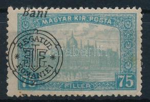 Nagyvárad 1919 Parlament 75f Bani fönt (saroktörés, rozsda) / Mi 38 II. shifted overprint (stain, folded) Signed: Bodor
