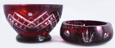 Bíborpácolt tál és hamuzó, kis pattogzással, d: 16 cm alatt