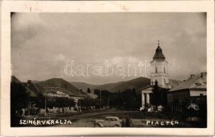 1940 Szinérváralja, Szinyérváralja, Seini; Piactér, templom, automobil / market square, church, automobile. photo