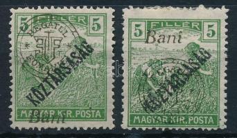 Nagyvárad 1919 Arató/Köztársaság 5f Bani lent + támpéldány / Mi 53 II. shifted overprint Signed: Bodor