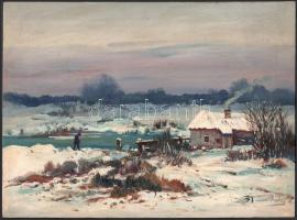 Baky Albert (1868-1944): Sétáló a havas tájban. Olaj, karton, jelzett. 28×38 cm