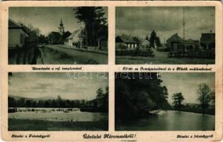 1944 Uzon, Usendorf, Ozun; utcarészlet a református templommal, Fő tér az Országzászlóval és a Hősök emlékművével, részlet a Feketeügyről / street, Calvinist church, main square, Hungarian flag, monument (EB)